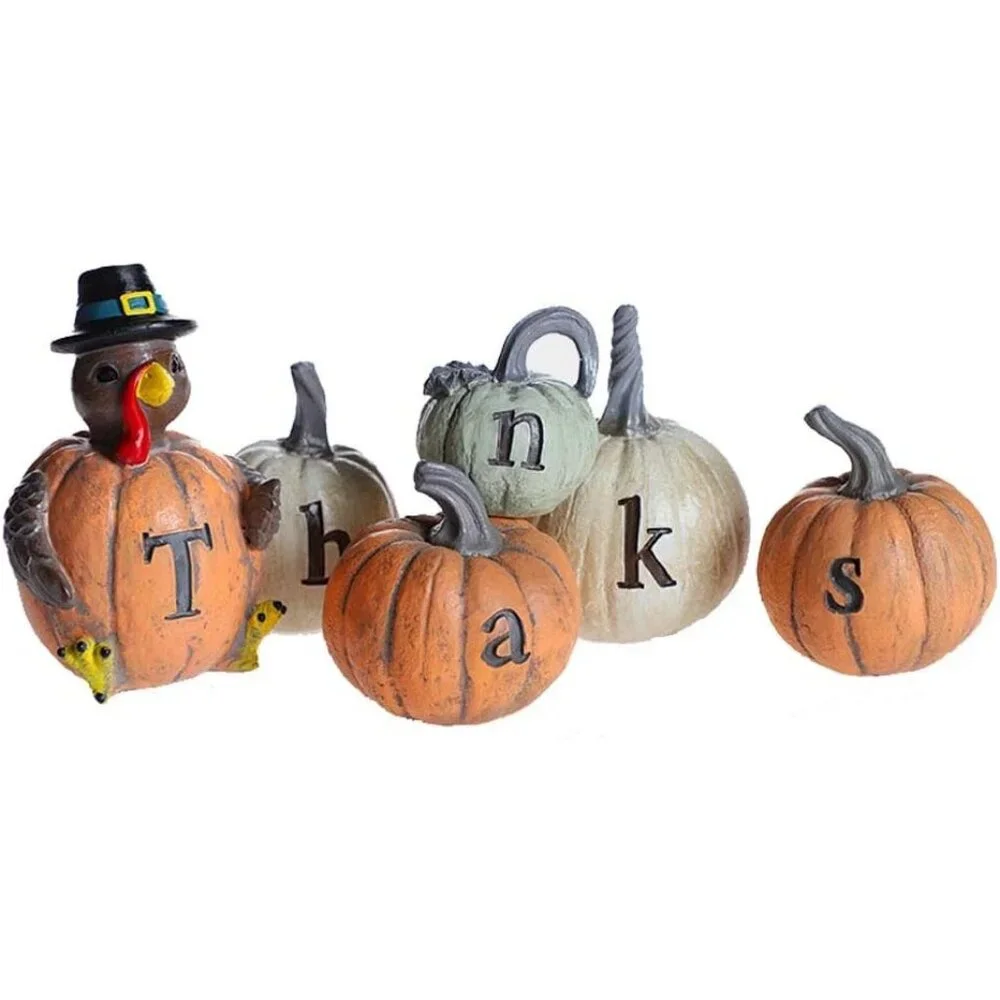 Set of 6 Hand-Painted Turkey Pumpkin with Engraved Thanksgiving Decoration